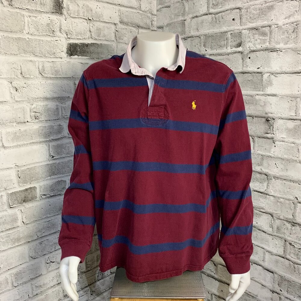 Polo Ralph Lauren Rugby Shirt Men XXL Burgundy Navy Stripped Yellow Pony Preppy